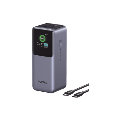 Imagen de Power Bank de 20000mAh | 3 Salidas 130W Max. | USB-A + 2 USB-C | PD 3.0 | QC3.0 | FCP | SCP | Pantalla Inteligente | Carcasa Ignifuga | Color Gris | Incluye Cable USB de 50cm | Carga tu Laptop de Manera Segura.