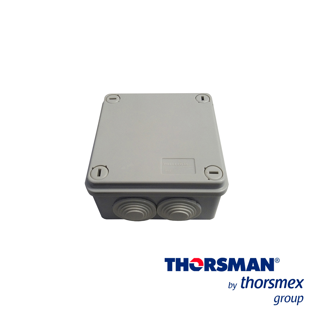 CAJA ESTANCA IP55 THORSMAN 20000-00001 DIMENSIONES 100x100x50 mm IDEAL PARA CCTV, CAJA DE REGISTRO Y TAPA CON TORNILLOS DE AJUSTE DE 1 / 4 DE VUELTA, COLOR GRIS, CONOS PARA TUBO DE 3