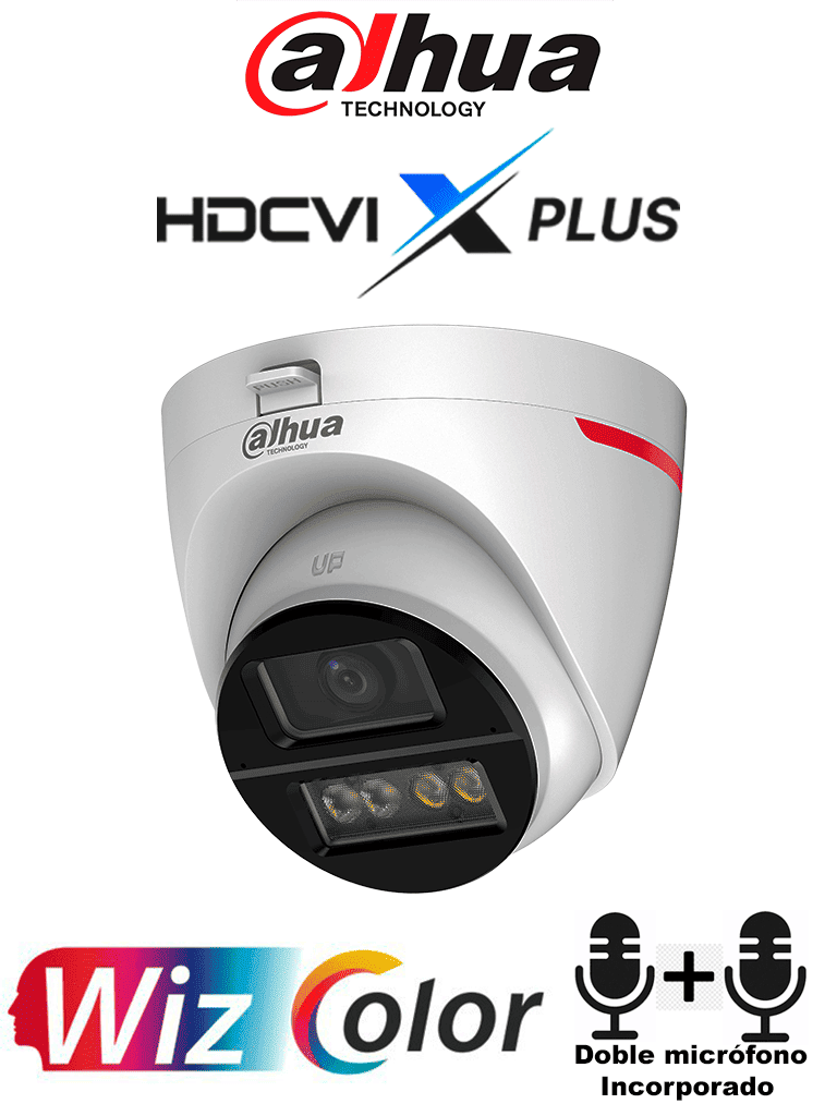 DAHUA DH-HAC-HDW1549XN-A-PRO -Cámara Domo 5MP WizColor/Imagen 24 Horas a Color/Corrección de Imagen Mediante IA/ Iluminador Int con Luz Calida/ Hasta 50m Ilumin/ Doble Mic Incorp/Lente de 2.8mm Visión de Hasta 101°/WDR Real/ Policarbonato+Metal