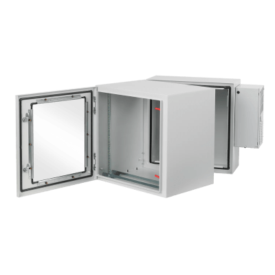Imagen de Gabinete Industrial ProTek de Puerta con Ventana, Con Aire Acondicionado de 800 BTU, Protección NEMA Tipo 4/12; IP66; IK10, Abatible, Fabricado en Acero, 19 UR, Color Gris Claro