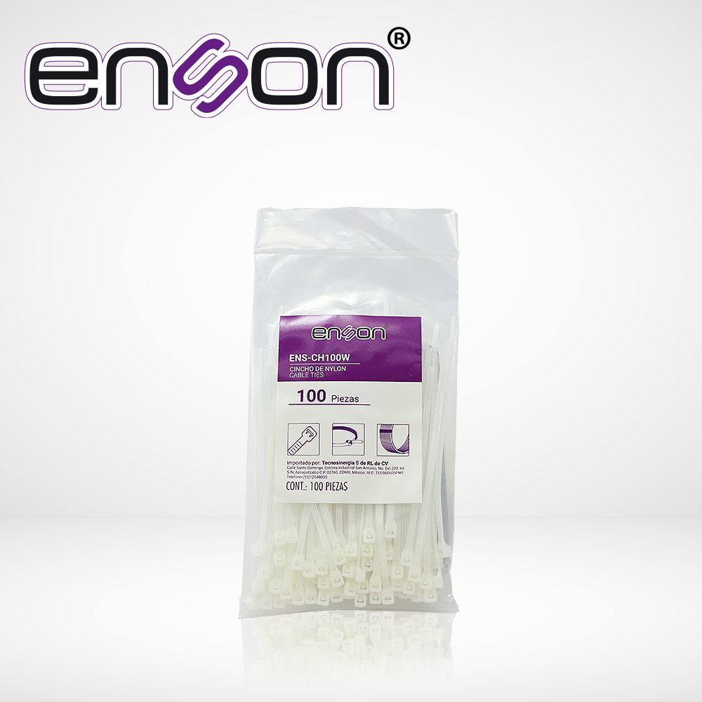 CINCHO DE NYLON ENSON ENS-CH100W COLOR NATURAL DE 2.5 X 100MM DE LONGITUD FUERZA DE TENSIÓN DE HASTA 8 KGS