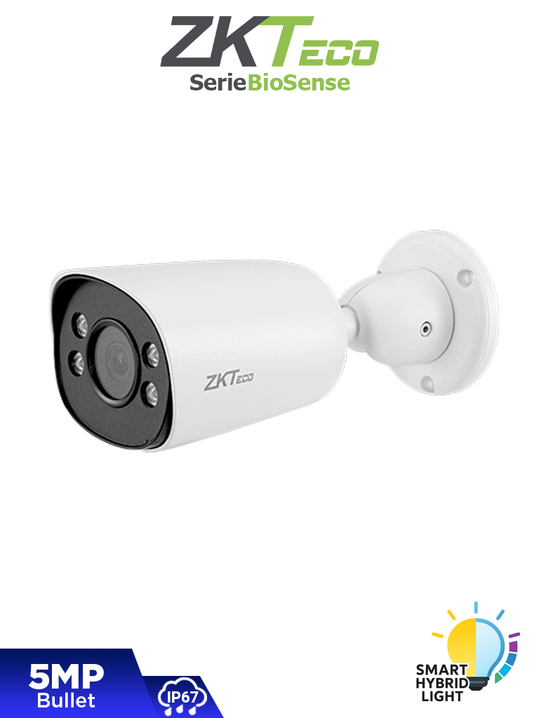 ZKTECO BS-855P32C-S8-MI-S-HL – Cámara IP Bullet Híbrida Inteligente de 5 MP, Serie BioSense, Lente 3.6 mm, Micrófono Integrado, Video Analítico IVA, Visión nocturna híbrida: IR 40 m / Luz blanca 30 m, PoE, IP67, Onvif y Carcasa Metálica