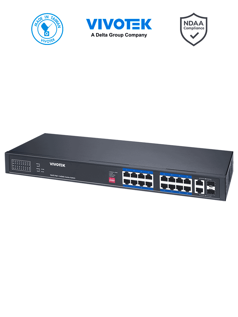 VIVOTEK AW-FGT-180P-250 - Switch PoE no administrable con 16 puertos PoE FE RJ45, 2 puertos Combo GE RJ45/SFP, 30W por puerto, 250W totales, Modo Extendido Adaptable hasta 250m, 7.2 Gbps y protección 6KV.