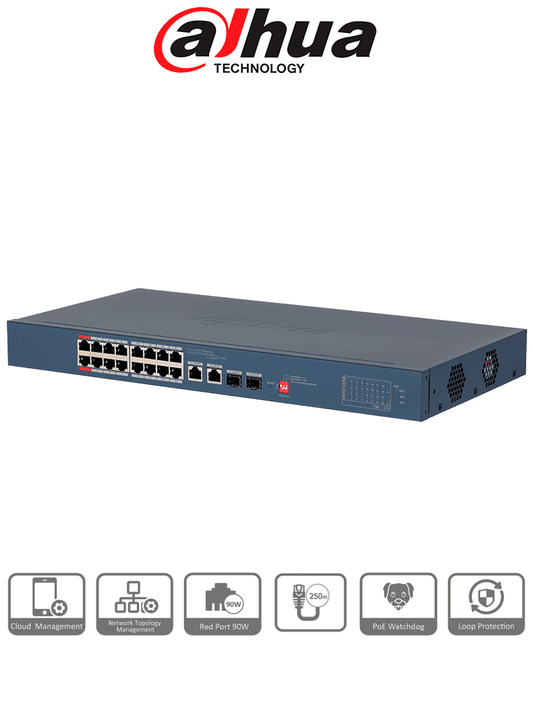 DAHUA DH-CS4218-16ET-135-V2 - Switch PoE de 18 Puertos/ 16 Puertos Poe 10 & 100/ 2 Puertos Uplink G# + 2 Puertos SFP/ 135 Watts Totales/ Administrable en la Nube por DoLynk Care/ PoE Hasta 250 Metros/ Metal/ Switching 7.2 Gbps