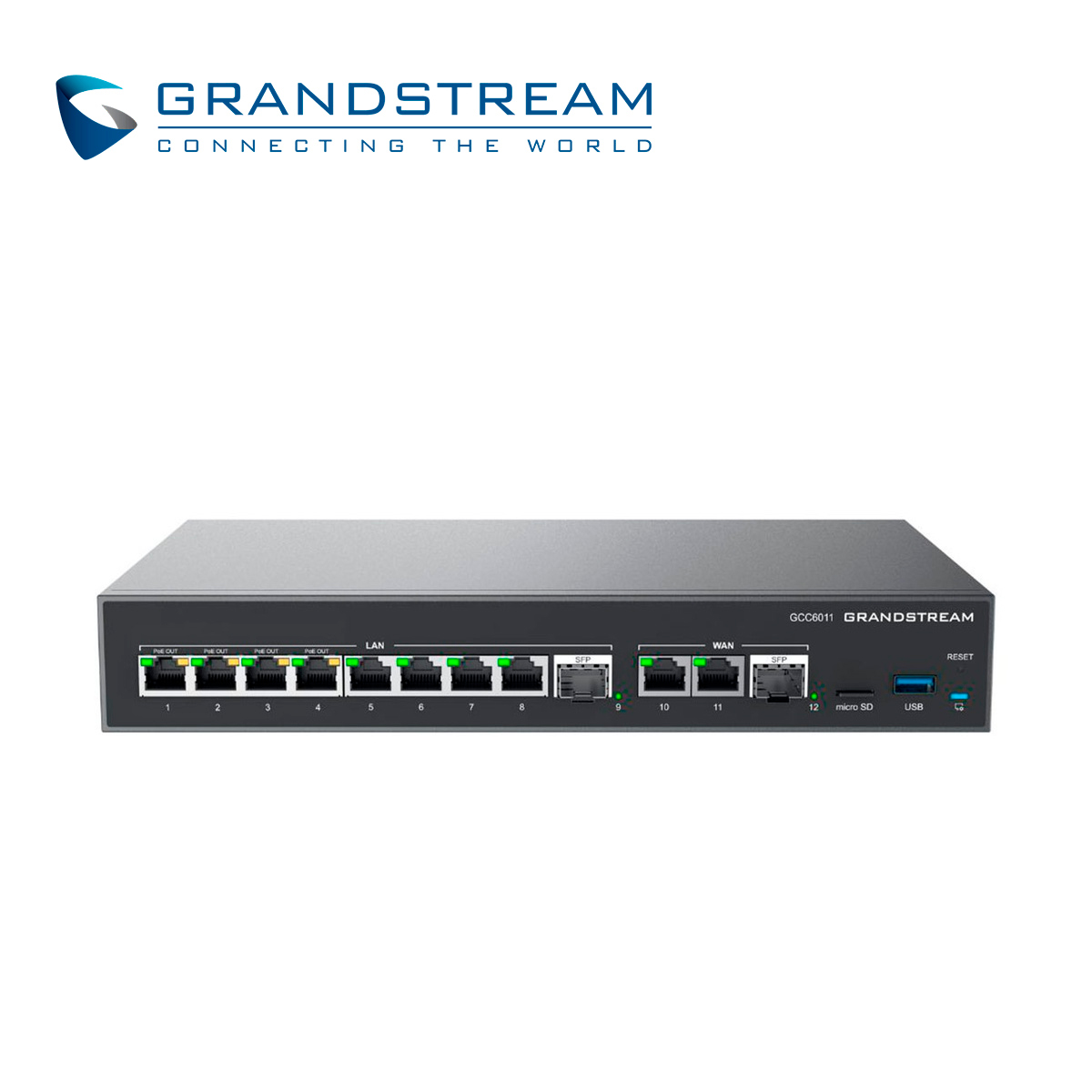 DISPOSITIVO 4 EN 1 GRANDSTREAM GCC6011 CONMUTADOR IP / FIREWALL / RUTEADOR VPN / SWITCH 10 PUERTOS GIGA / 3 PUERTOS WAN FIJOS / 4 PUERTOS POE AF/AT / 2 PUERTOS SFP 2.5GBPS / 12 USUARIOS / 4 LLAMADAS SIMULTANEAS / ADMINISTRABLE CLOUD GDMS