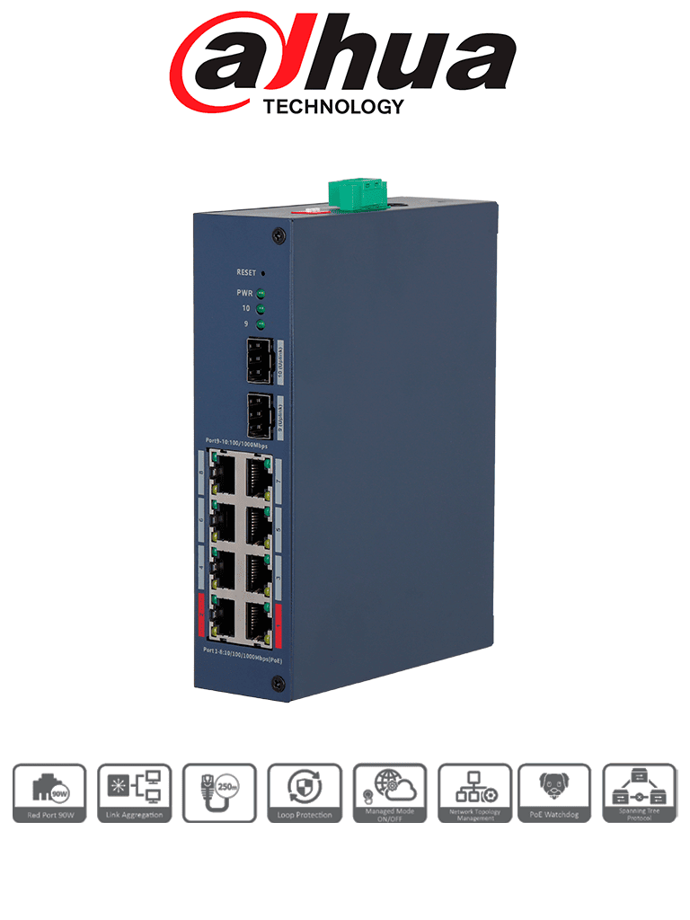 DAHUA DH-CHS4210-8GT-110 - Switch PoE Gigabit/ 8 Puertos PoE GE/ 2 Puertos Uplink SFP/ 1 Puertos Uplink RJ45 GE/ 120 Watts Totales/ 2 Ptos Hasta 90W/ Administrable en la Nube por Dolink Care/ Switching 33 Gbps