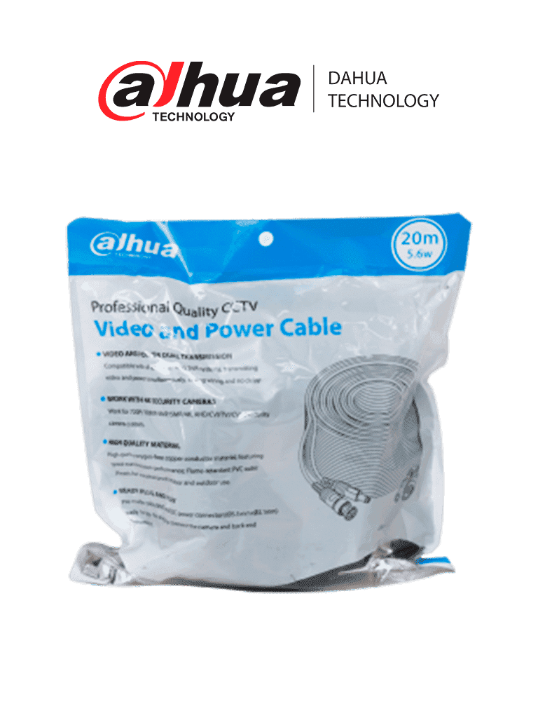 DAHUA DH-PFM942I-20-5-Cable armado de 20 metros para video y energía, compatible con cámaras hasta 4K. Incluye conectores BNC y de energía, ideal para uso interior y exterior. Fabricado con cobre de alta pureza, soporta AHD, CVI, TVI, y CVBS.