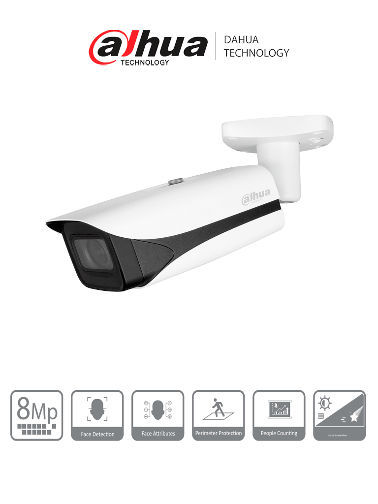 DAHUA DH-IPC-HFW5842E-ZE - Camara IP Bala 4k/ WizMind/ Lente Mot. de 2.7 a 12/ IR de 60 Metros/ SMD 3.0/ Metadatos/ WDR/ Ranura para Micro SD/ ePoE/ IP67 /IK10 /SMD 3./ E&A de Alarma y Audio/ Conteo de Personas/ Detección facial