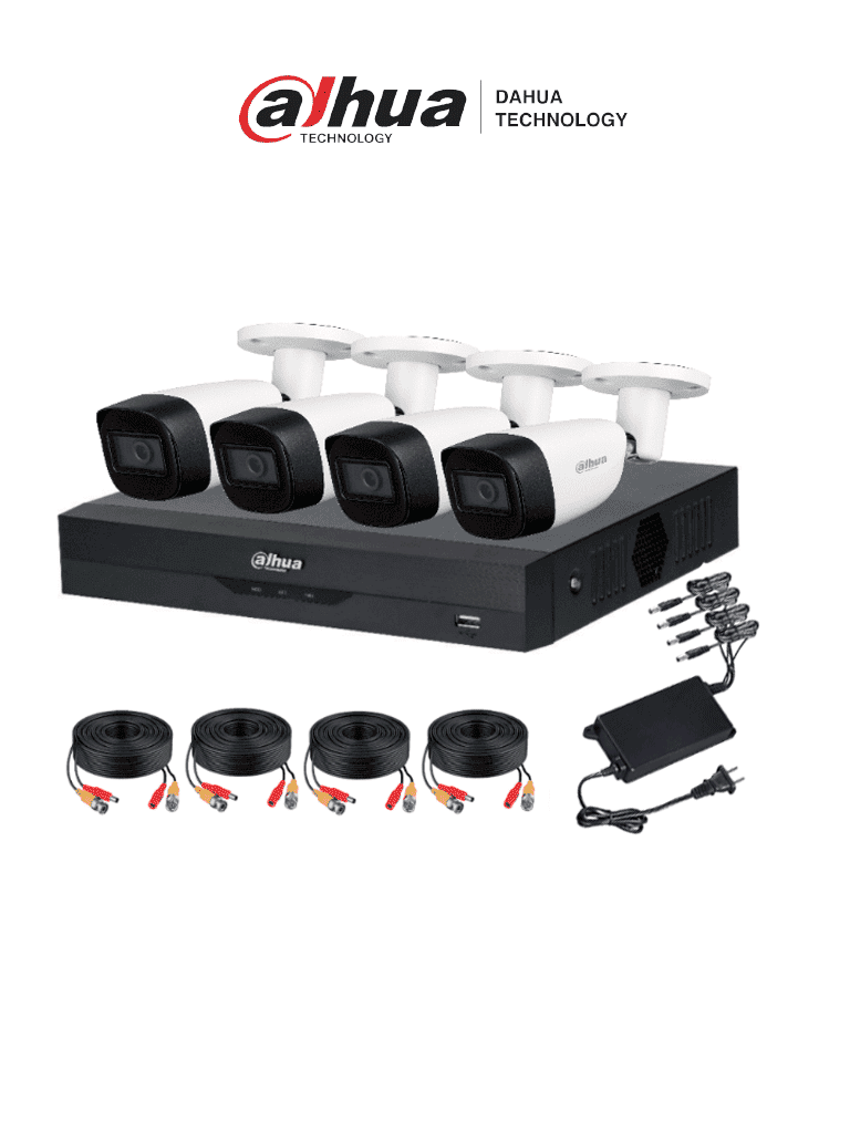 DAHUA KITXVR5104HS4KLI3+4HFW1500CMA- Kit de vigilancia de 4 canales 5 MP con audio y DVR WizSense con reconocimiento facial y H.265+. Soporta 4 canales + 4 IP o hasta 8 IP. Incluye 4 canales SMD Plus para búsqueda de humanos y vehículos