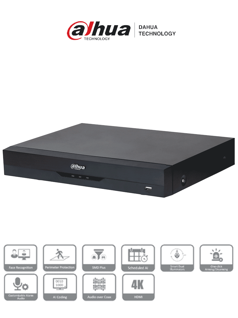 DAHUA XVR5116HE-4KL-I3 - DVR 16 Canales 4K con IA, WizSense, H.265+, 16 Canales + 16 IP (32 Ch máx.), Reconocimiento Facial, SMD Plus, Protección Perimetral, 16&3 E&S Alarma, 1 Puerto SATA.