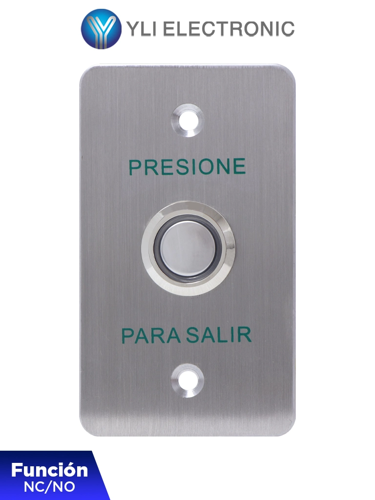 YLI PBK814BLED - Botón de Salida Mecánico, Indicador LED (Azul), Acero Inoxidable, 12 VCC, Función NC/NO