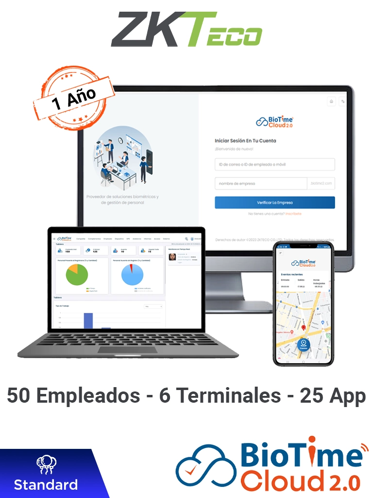 ZKTECO BIOTIMECLOUDSTANDARD - Licencia de Asistencia en la Nube para 50 Empleados, 6 Terminales, 75,000 Eventos y 25 Cuentas de App, Suscripción por un Año