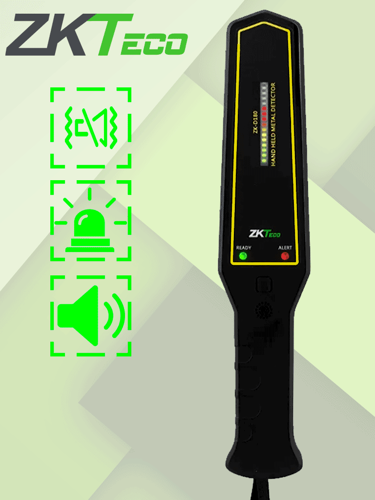 ZKTECO D180 - Detector de metales portátil con alta sensibilidad, indicador visual y alarmas sonora y de vibración. Su batería recargable de 9VDC proporciona hasta 40 horas de uso continuo, ideal para aplicaciones de seguridad eficientes y prolongadas.