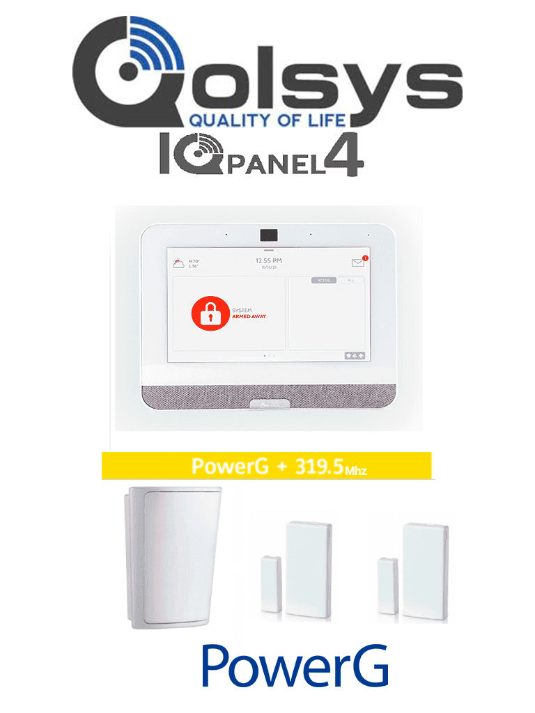 QOLSYS IQ4 PACK - Paquete de Alarma IQPanel4 incluye Panel Autocontenido, con Pantalla Táctil de 7", Power G 915 Mhz+Qolsys S-Line 319.5 Mhz. 4 Bocinas integradas, 2 Magnéticos Inalámbricos PG9303 y 1 PIR Inalámbrico PGP9914