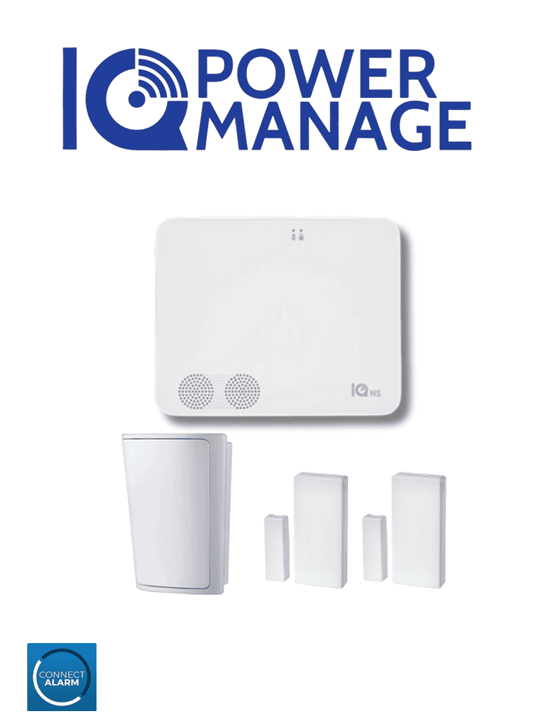 QOLSYS IQ4NS POWER MANAGE PACK - Paquete que contiene Sistema de Alarma IQ4 NS autocontenido sin pantalla, 1 sensor PIR inalámbrico PGP9914 y 2 sensores magnéticos inalámbricos PG9303