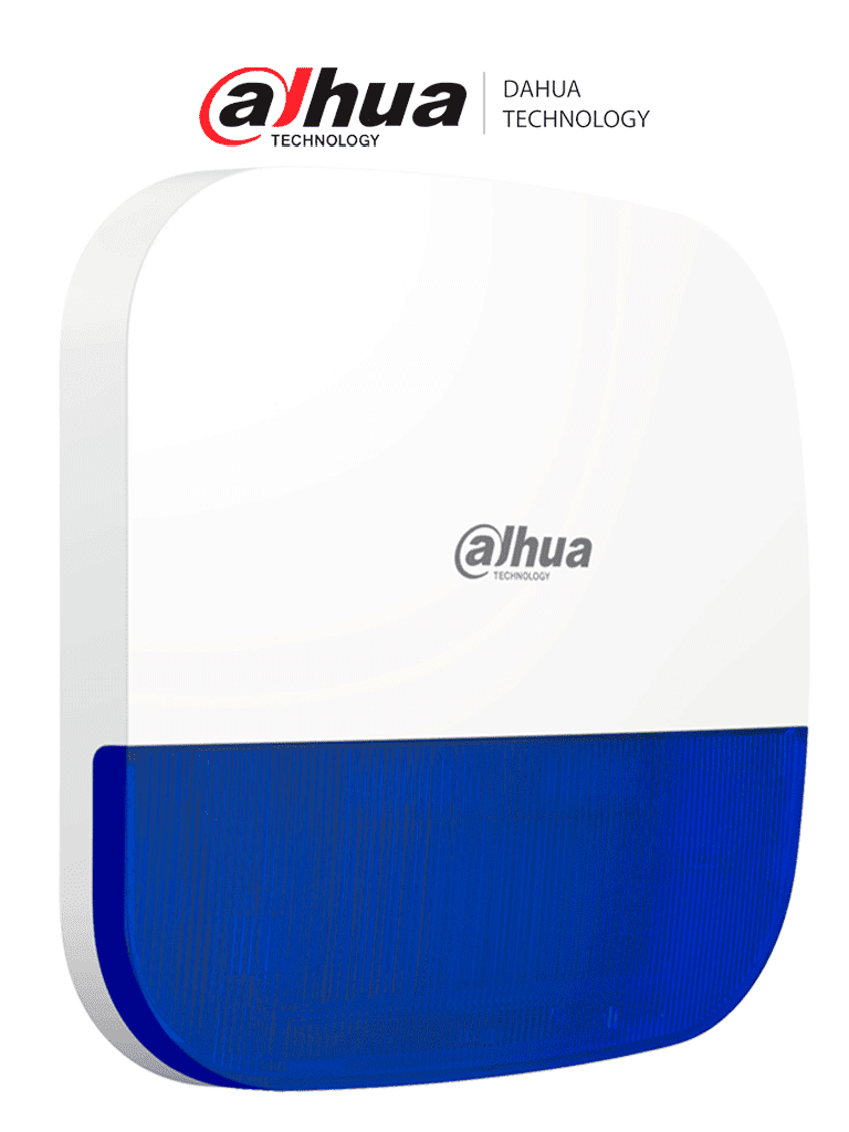 DAHUA DHI-ARA13-W2 - Sirena con estrobo inalámbrica para exterior, Azul, Potencia: 110dB, Múltiples sonidos de alarma, Protección: IP65, Alarma de batería baja, App DMSS, Frecuencia 433 MHz, Tecnología: AirShield, Compatible con HUB 1.0 y HUB 2.0