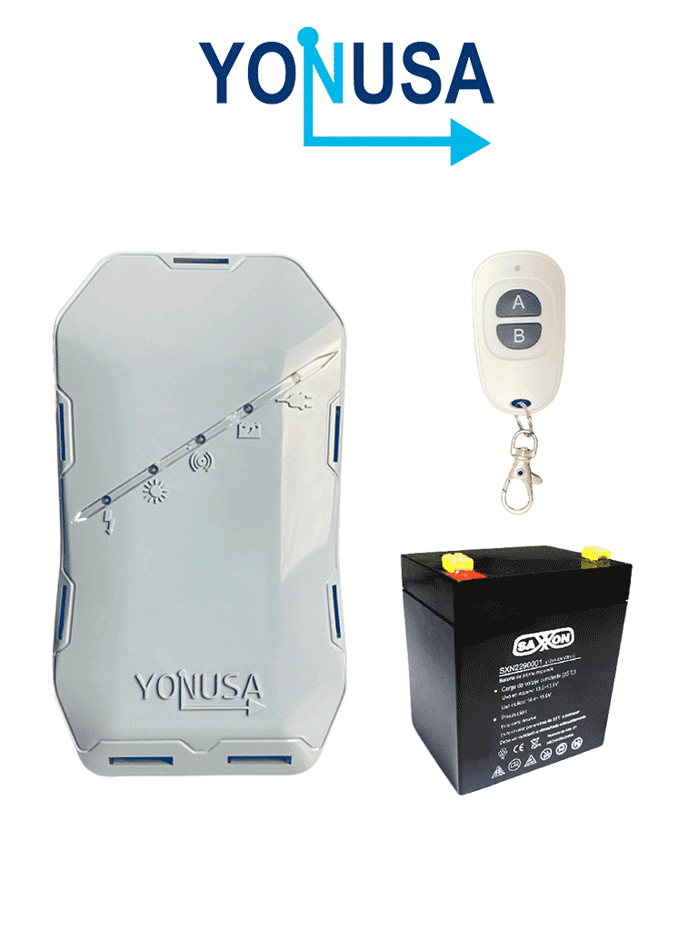 YONUSA EYHS1BAT Energizador de nueva generación para solución de cerco eléctrico. Cubre 500 metros lineales o 100 metros en 5 líneas  y batería de respaldo de 12VDC a 4.5 Ah