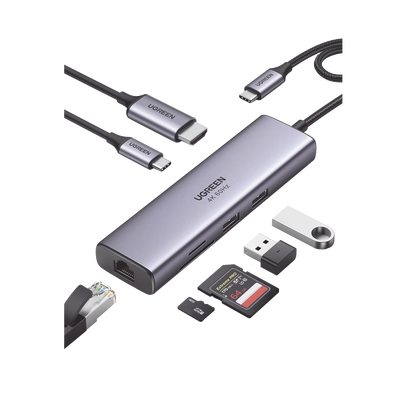 Imagen de HUB USB-C (Docking Station) 7 en 1 | 2 USB-A 3.0 (5Gbps) | 1 USB-C PD Carga 100W | HDMI 4K@60Hz | RJ45 (Gigabit Ethernet) | Lector Tarjetas SD + Micro SD (TF) Uso Simultáneo | Cable de Nylon Trenzado | Caja de Aluminio.