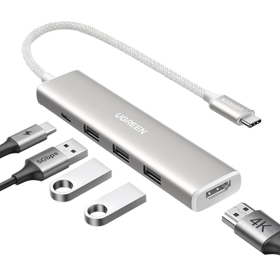 Imagen de HUB USB-C (Docking Revodok) 5 en 1 | HDMI 2.0 4K@30Hz | 3 USB-A 3.0 (5Gbps) | USB-C PD Carga 100W | Chip de Última Generación | Cable de Nylon Trenzado de 25 cm | Carcasa de Aluminio | Color Blanco.