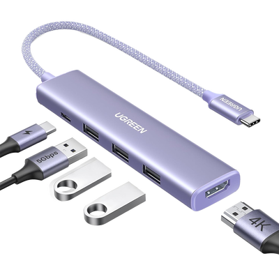 Imagen de HUB USB-C (Docking Revodok) 5 en 1 | HDMI 2.0 4K@30Hz | 3 USB-A 3.0 (5Gbps) | USB-C PD Carga 100W | Chip de Última Generación | Cable de Nylon Trenzado de 25 cm | Carcasa de Aluminio | Color Morado.