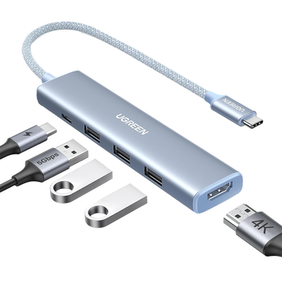 Imagen de HUB USB-C (Docking Revodok) 5 en 1 | HDMI 2.0 4K@30Hz | 3 USB-A 3.0 (5Gbps) | USB-C PD Carga 100W | Chip de Última Generación | Cable de Nylon Trenzado de 25 cm | Carcasa de Aluminio | Color Azul.