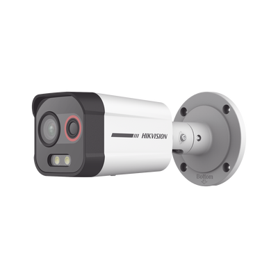 Imagen de Bala IP Dual / Térmica 2.6 mm (96 x 72) / Óptico 6 mm (4 Megapixel) / Detección de Intrusión por VCA 30 mts /30 mts Luz Blanca / Exterior IP67 / PoE / Sirena y Luz Intermitente Integrada / Micro SD / ColorVu y ACUSENSE
