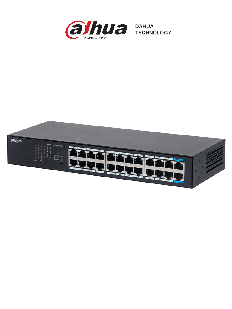 DAHUA DH-S3024-24GT - Switch Gigabit de 24 puertos no administrable, Capa 2, Carcasa metálica, switching de 48G, tasa de reenvío de 35.7 Mbps, memoria buffer de 8.4Mb, y protección avanzada contra descargas.