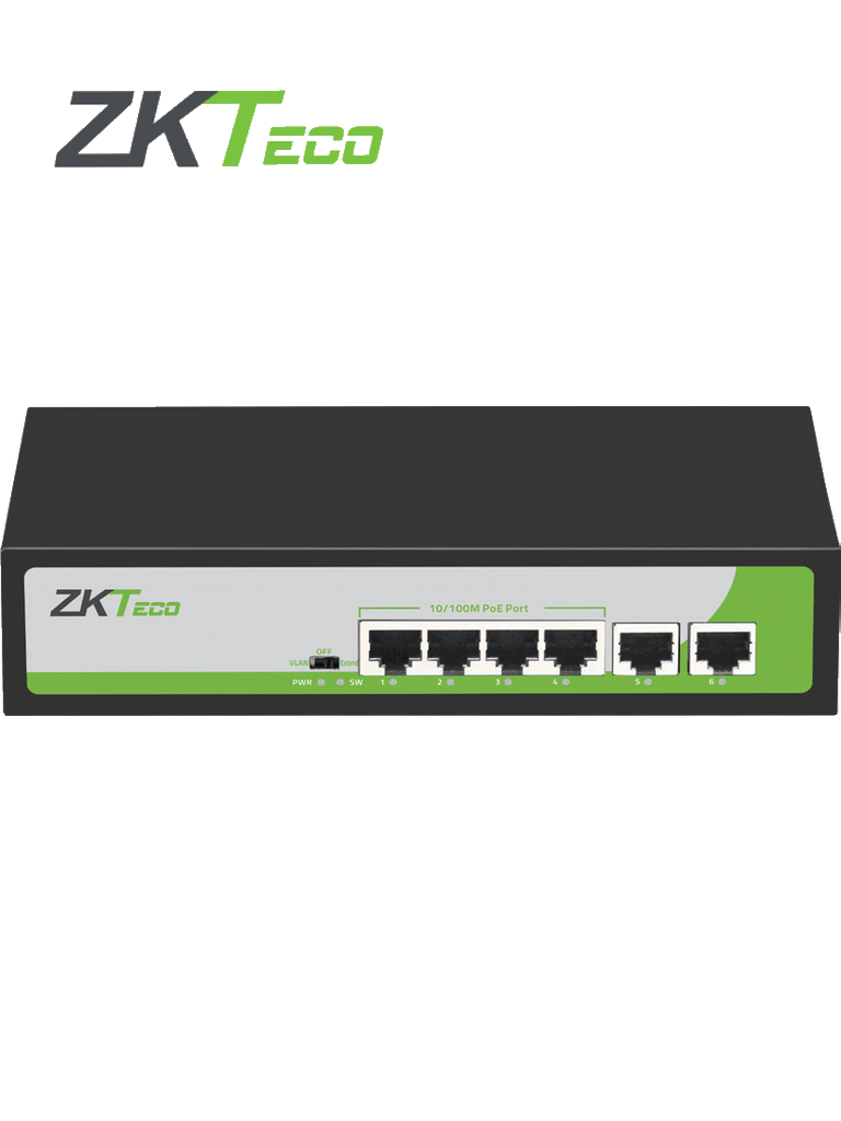 ZKTECO PE04255C -Switch de 4 Puertos Fast Ethernet PoE AF - AT /  2 Puertos RJ45 10/100 / Soporta hasta 250 mts sobre UTP CAT 6 / Protección Contra Descargas  / NO Administrable