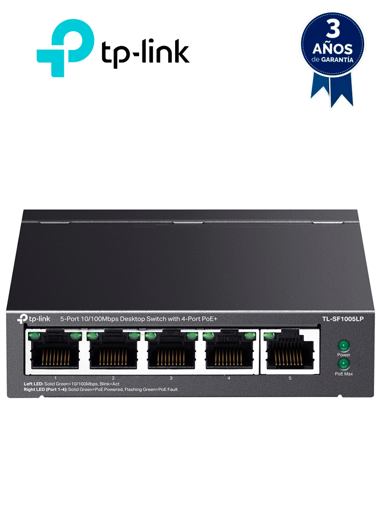 TP-LINK TL-SF1005LP -  Switch PoE no administrable con 5 puertos Fast Ethernet, incluyendo 4 puertos PoE AF. Presupuesto PoE de hasta 41W y modo extendido para conexiones de hasta 250m.