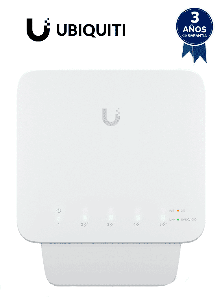 UBIQUITI USW-FLEX Switch UniFi para exterior IP55 de 5 puertos 10/100/1000, con 1 puerto PoE de entrada 802.3af/at/bt y 4 puertos PoE de salida 802.3af. Compatible con Inyector PoE-50-60W y UTP7201GE-PSE60. No incluye inyector PoE.