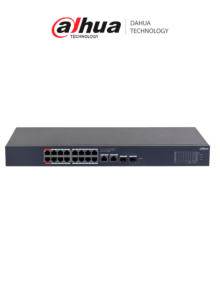 DAHUA DH-CS4220-16GT-190 Switch Poe de 16 Puertos Gigabit con PoE inteligente, puerto rojo de 90W, 190W totales, 2 puertos SFP, PoE Watchdog, switching de 40 Gbps y protección avanzada contra descargas. Plataforma DoLynk Care/