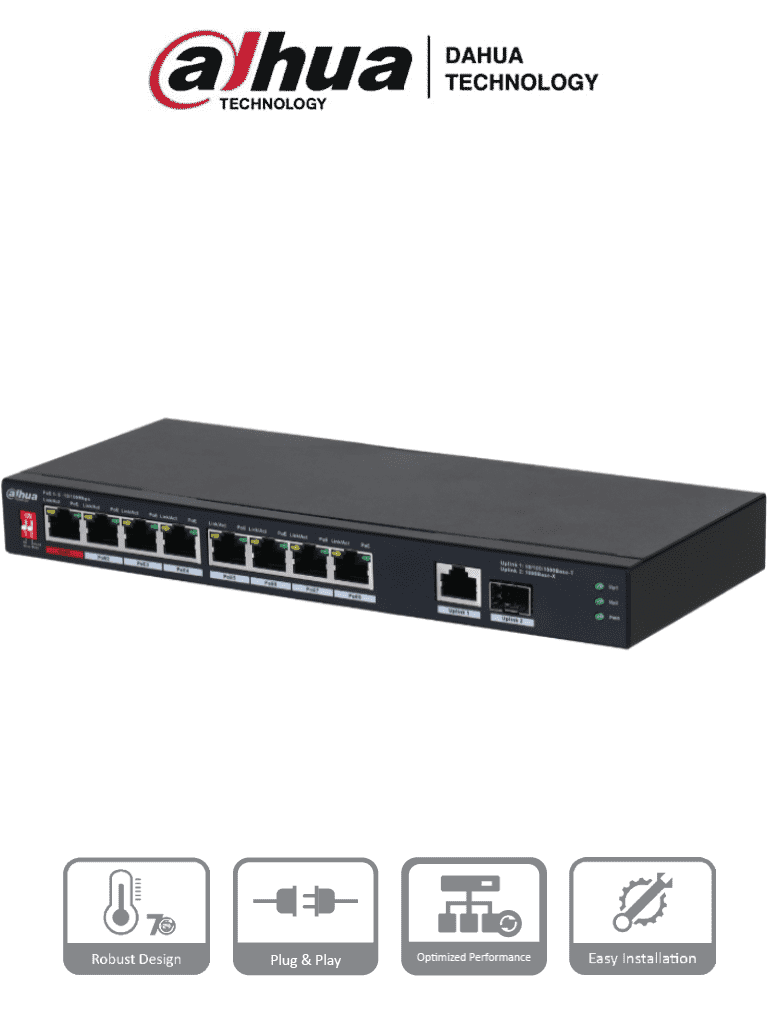 DAHUA PFS3110-8ET1GT1GF-96 -Switch PoE de 10 Puertos/8 Puertos Poe 10/100/1Puerto SFP de1000 Mbps/1 Puerto Uplink de 10/100/1000/ 96 Watts Totales/ Alimentación hasta 250 Mts/Soporta PoE Whatchdog/Puerto Rojo soporta IEEE 802.3bt/