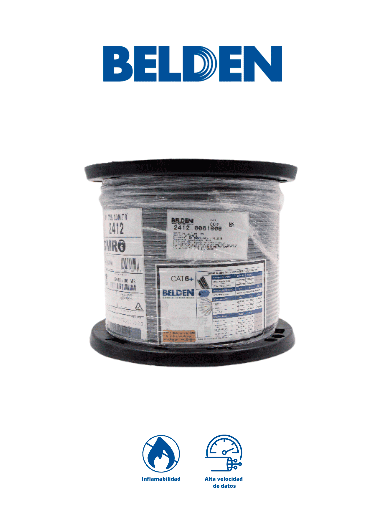 BELDEN 24120081000 - Cable UTP 100% cobre / Categoria 6+ / IBDN / GIGAFLEX 2412 CMR / Color gris / Bobina de 305  Mts