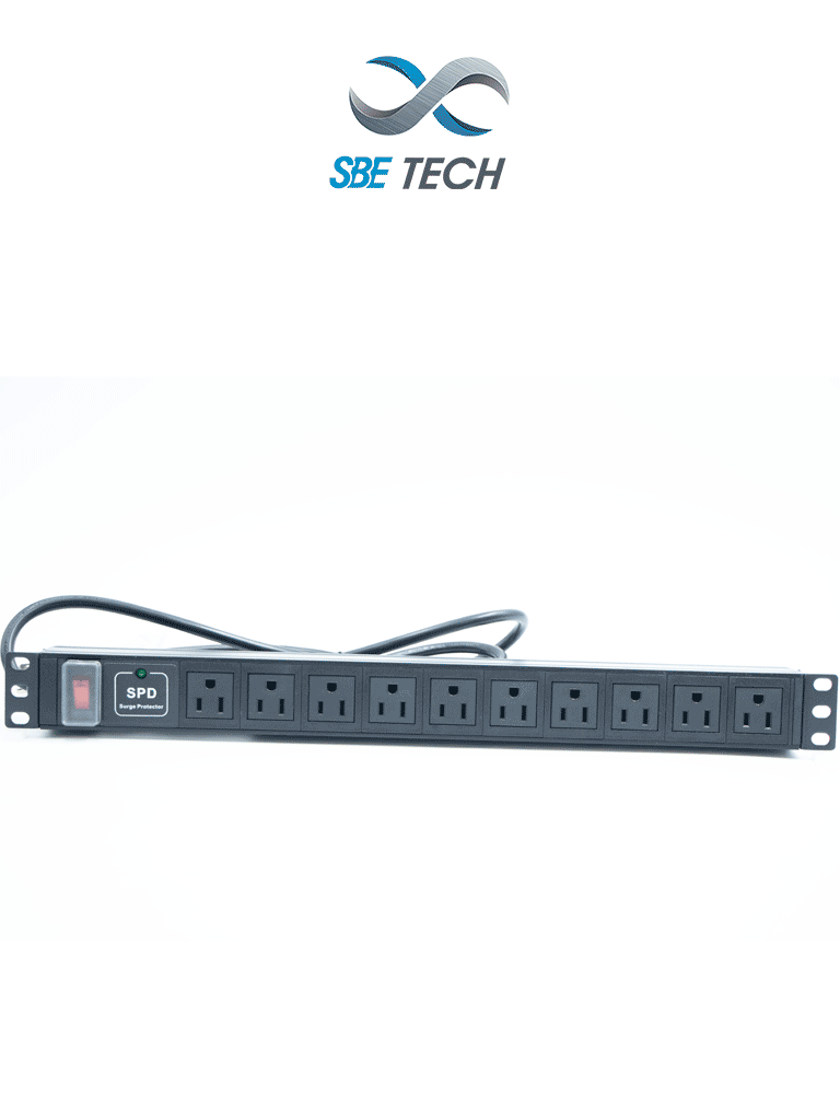 SBE TECH SBE-TC010SPV -  PDU horizontal con 10 contactos polarizados, supresor de picos y diseño para montaje en rack de 19" y 1U