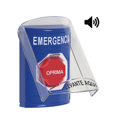 Imagen de Botón Multipropósito, Color Azul, De Superficie, Con Tapa De Policarbonato, Con Bocina Prealarma, Para Interior, Llave Para Restablecer, Texto De Emergencia, Español