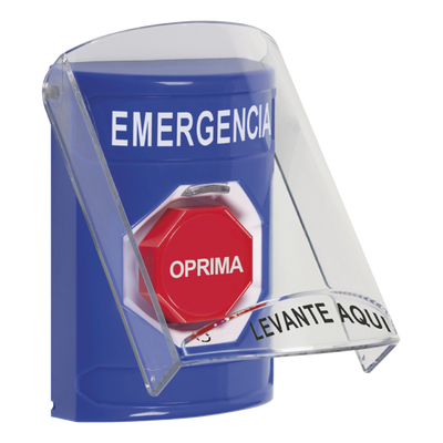 Imagen de Botón Multipropósito, Color Azul, De Superficie, Con Tapa De Policarbonato, Sin Bocina Prealarma, Para Interior, Girar Para Restablecer, Texto De Emergencia, Español