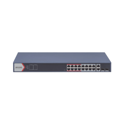 Imagen de Switch PoE+ / Monitoreable / 16 puertos 10/100 Mbps PoE+ / 2 Puertos 1000 Mbps Uplink / 2 Puertos SFP de Uplink /  Configuración Nube Hik-Partner Pro / Modo Extendido hasta 300 metros / 230 W