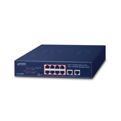 Imagen de Switch No Administrable de Escritorio y Rack, 8 Puertos Fast Ethernet con  PoE 802.3af/at, 2 Puertos Uplink, Hasta 250 m en Modo Extendido