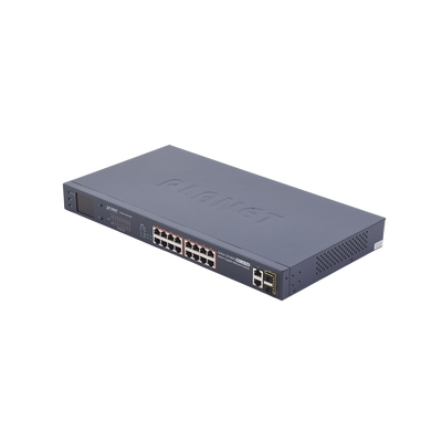 Imagen de Switch no administrable PoE+ Extended, Aislamiento VLAN de 16 puertos + 2 combo TP/SFP Gigabit y Pantalla