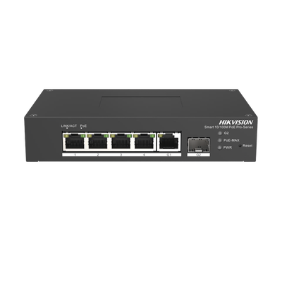 Imagen de Switch PoE+ / Administrable / 4 Puertos 10/100 Mbps PoE+ / 1 Puerto 1000 Mbps Uplink / 1 Puertos SFP  /  Configuración Nube Hik-PartnerPro / Modo Extendido hasta 300 Metros / 60 Watts