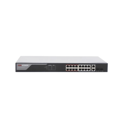 Imagen de Switch PoE+ / Monitoreable / 16 puertos 10/100 Mbps PoE+ / 2 Puertos 1000 Mbps Uplink / 2 Puertos SFP de Uplink /  Configuración Nube Hik-Partner Pro / Modo Extendido hasta 300 metros / 230 W
