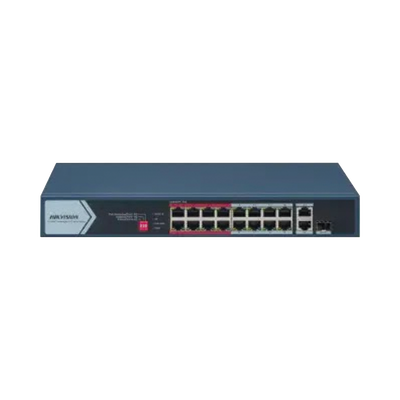 Imagen de Switch PoE+ / No Administrable / 16 Puertos 10/100 Mbps PoE+ / 2 Puertos 1000 Mbps Uplink / 1 Puerto SFP Uplink / Modo Extendido hasta 300 Metros / 130 W