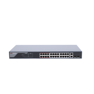 Imagen de Switch Monitoreable PoE+ / 24 Puertos 100 Mbps PoE+ / 2 Puertos 1000 Mbps + 2 Puertos SFP de Uplink / PoE hasta 250 Metros / Conexión Remota desde Hik-PartnerPro / 370 Watts