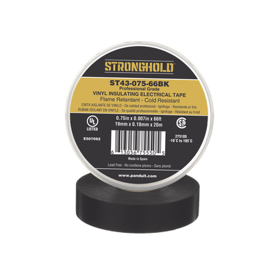 Imagen de Cinta Eléctrica STRONGHOLD para Aislar, de PVC, Uso Profesional en Construcción Eléctrica, Grosor 0.18mm (7 mil), Ancho 19mm, y 20m Largo, Color Negro. Superior a cintas Super 33