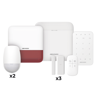 Imagen de (AX PRO) KIT de Alarma AX PRO / Incluye: 1 Hub / 2 Sensores PIR / 3 Contactos Magnéticos mini / 1 Control Remoto / 1 Sirena Estrobo en color Rojo Inalámbrica Exterior /1 Teclado Inalámbrico / Wi-Fi / Compatible con Hik-Connect P2P