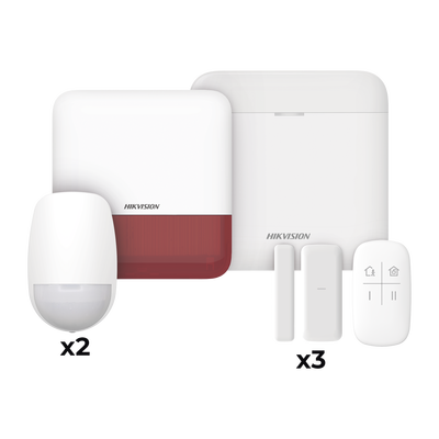 Imagen de (AX PRO) KIT de Alarma AX PRO / Incluye: 1 Hub con batería de respaldo / 2 Sensores PIR / 3 Contactos Magnéticos mini / 1 Control Remoto / 1 Sirena Inalambrica Exterior color rojo  / WiFi / Compatible con Hik-Connect P2P