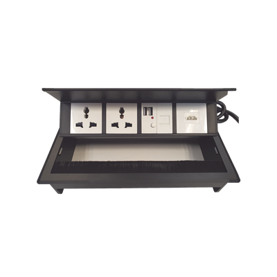 Imagen de Caja Horizontal tipo Hub para escritorio color negro, con 1 Puerto HDMI Hembra-Hembra, 1 puerto RJ45 Cat6,  2 Puertos USB (Solo carga),  y 2 Contactos eléctricos universales