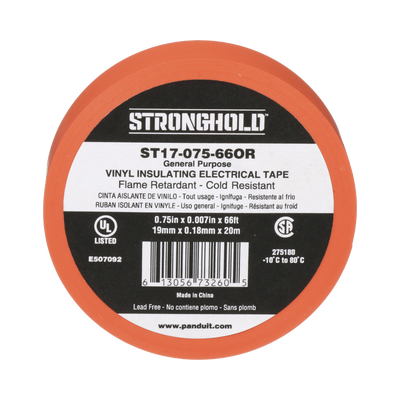 Imagen de Cinta Eléctrica STRONGHOLD para Aislar, de PVC, Uso General Reparación y Mantenimiento, Grosor de 0.18mm (7 mil), Ancho de 19mm, y 20.12m de Largo, Color Naranja