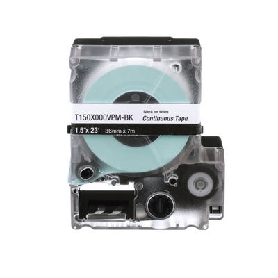 Imagen de Casete de Etiquetas de Vinilo de Cinta Continua, Color Negro Sobre Blanco, Uso Interior/Exterior, 36 mm (1.5 in) de Ancho x 7.6 Metros de Largo