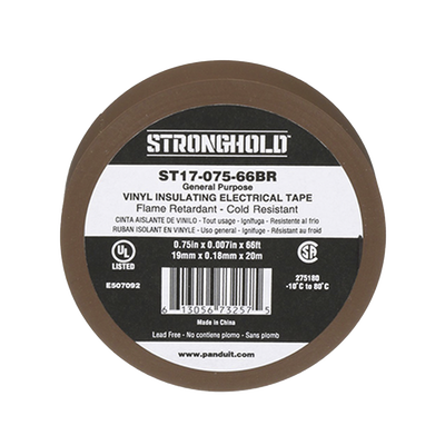 Imagen de Cinta Eléctrica STRONGHOLD para Aislar, de PVC, Uso General Reparación y Mantenimiento, Grosor de 0.18mm (7 mil), Ancho de 19mm, y 20.12m de Largo, Color Café